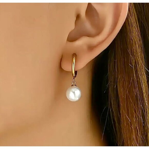 Chunky Hoop Pearl Drop Earrings - Picture 3 of 3